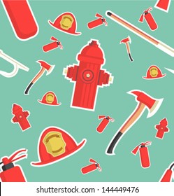 vector seamless pattern pattern for fire fighting equipment, fire helmet, fire ax and firefighter hook, fire extinguisher