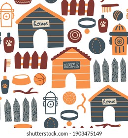 Vector seamless pattern with fire hydrant, balls, dog collar, fence, branch, doghouse, shampoo and bowl on white background. Cute dog stuff illustration for fabric, textile, background, wallpaper