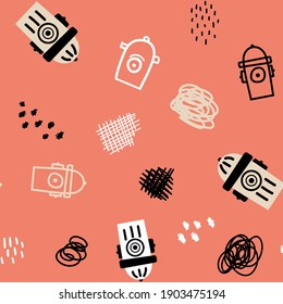 Vector seamless pattern with fire hydrants and abstractions on pink background. Cute illustration for fabric, textile, background, wallpaper