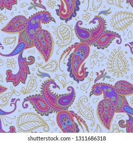 Vector seamless pattern. Firebirds and floral elements in Paisley style. 