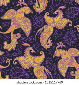 Vector seamless pattern. Firebirds and floral elements in Paisley style. 