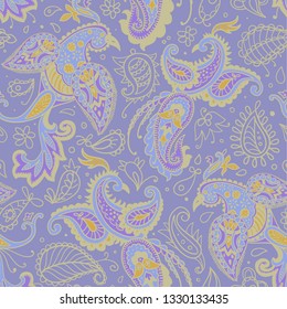 Vector seamless pattern. Firebirds and floral elements in Paisley style. 