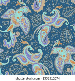 Vector seamless pattern. Firebirds and floral elements in Paisley style.Animal bird background. 