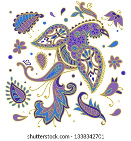 Vector seamless pattern. Firebirds and floral elements in Paisley style. 