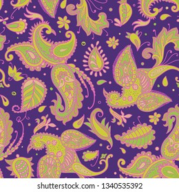 Vector seamless pattern. Firebirds and floral elements in Paisley style. 