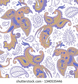 Vector seamless pattern. Firebirds and floral elements in Paisley style. 