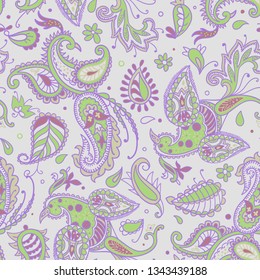 Vector seamless pattern. Firebirds and floral elements in Paisley style. 