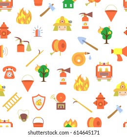 Vector seamless pattern with firefighting icons. Flat design. Great background for wallpaper, textile, web design and wrapping paper.