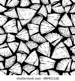 Vector seamless pattern of firewoods isolated on black background. Lumberjack print collection. Hand drawn vintage style art.  Hipster trendy forest illustration.