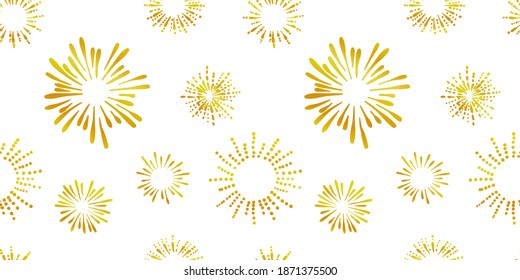 Vector Seamless Pattern, Firework Burst on White Backround, Golden Color, Festive Background Template.