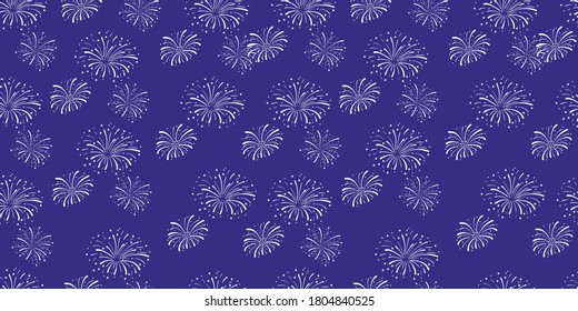 Vector Seamless Pattern, Firework explosions on dark blue sky, holidays illustration, celebration concept, hand drawn fireworks.