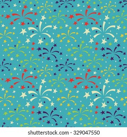 Vector seamless pattern with firework, sparkles and stars, multicolor background texture