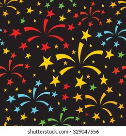 Vector seamless pattern with firework, sparkles and stars, multicolor background texture