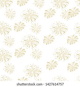 Vector Seamless Pattern, Fireworks Background, Golden Fire Cracker Explosion Isolated on White, Festive Illustration.