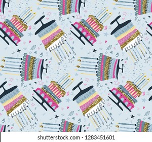 Vector seamless pattern with fireworks, confetti, birthday cake and candles. Holiday endless background