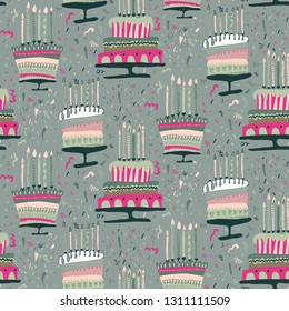 Vector seamless pattern with fireworks, confetti, birthday cake and candles. Holiday endless background