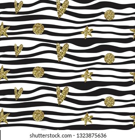 Vector seamless pattern with fireworks, confetti, stars, hearts with gold glitter texture. Holiday background