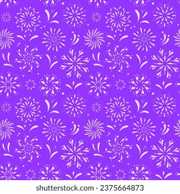 Vector seamless pattern of fireworks display on a violet background.