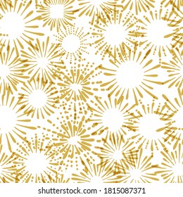 Vector Seamless Pattern, Fireworks Explosion, Retro Burst Illustration, Celebration Background, Golden and White Colors.