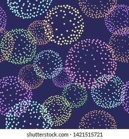 Vector seamless pattern with fireworks in the night. Hand drawn illustration for postcards, notebooks, fabric, wrapping paper, wallpaper.