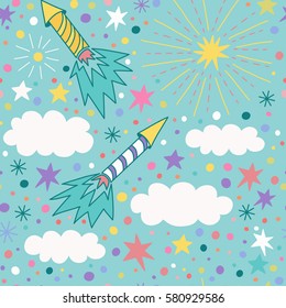 Vector seamless pattern with fireworks, petards, clouds, stars and confetti. Children's illustration.