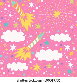 Vector seamless pattern with fireworks, petards, clouds, stars and confetti. Children's illustration.