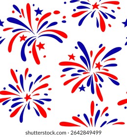 Vector seamless pattern of fireworks and stars for American Independence Day.