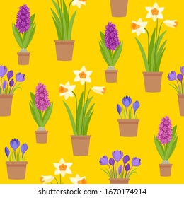 Vector seamless pattern of first spring flowers in pot isolated on yellow. Cartoon background with crocus, daffodil and hyacinthus used for magazine, poster, web pages.
