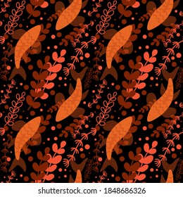 Vector seamless pattern with fish and algae in a bright color scheme. Black background.