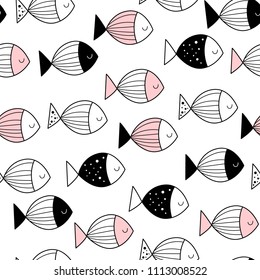 Vector seamless pattern with fish. Baby print. Scandinavian motives
