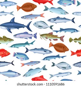 Vector seamless pattern with fish. Background seafood with salmon, anchovy, codfish, sea bass, ocean perch and sardine. Backdrop cartoon mackerel, herring, dorado, tuna, halibut, tilapia and trout.