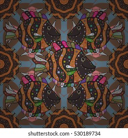 Vector seamless pattern with fish. Brown, black, pink, blue.