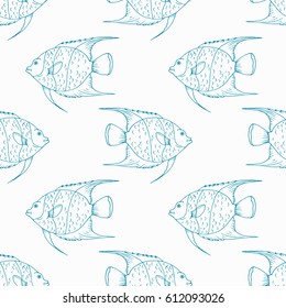 Vector seamless pattern with the fish, coral fish hand drawn colorful illustration. Sketch with arabian angelfish, marine animal