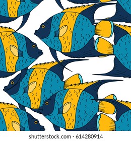 Vector seamless pattern with the fish, coral fish hand drawn colorful illustration. Sketch with arabian angelfish, marine animal