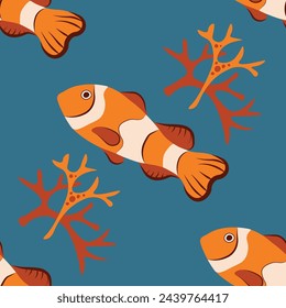 Vector seamless pattern with fish, corals, and seaweed. Background, wallpaper, textile or paper print