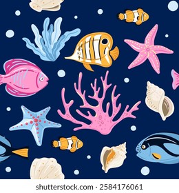 Vector seamless pattern with fish and corals. Nautical pattern, coral reef