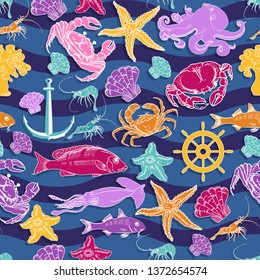 Vector seamless pattern of fish, crab, squid, anchor octopus and starfish. Hand drawing vector illustration of various sea creatures. Marine-themed design elements on purple wavy background.