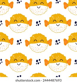 Vector seamless pattern with fish. Seamless pattern with cute cartoon blowfishes Trendy pattern of pufferfish for wrapping paper, wallpaper, stickers, notebook cover. Cute sea animals flat pattern.