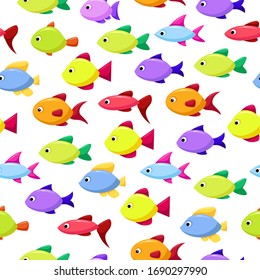 Vector seamless pattern with fish of different shapes and colors. Sea animals. Marine life. Bright background with sea creatures