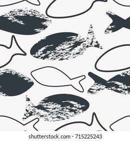 Vector seamless pattern with the fish (Grunge Ink Stamp). Black and white (monochrome). Stylish texture for consumer industry design, interior decoration etc