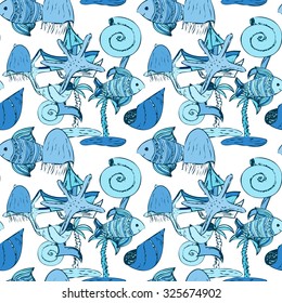 Vector seamless pattern with fish, jellyfish, seagull, palm tree, yacht and sea shells. Vector illustration.