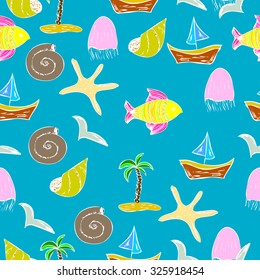 Vector seamless pattern with fish, jellyfish, seagull, palm tree, yacht and sea shells. Sea background. Vector illustration.