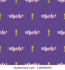 Vector seamless pattern with fish and meow lettering.