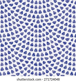 Vector seamless pattern with fish scale layout. Blue drop-shaped elements with watercolor texture on light grey background