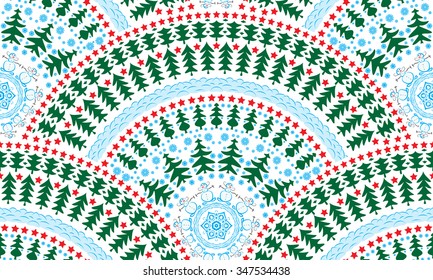 Vector seamless pattern with fish scale layout. Christmas and new year patterns, consisting of trees, stars, snowflakes, snowmen, snow drifts.