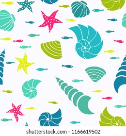 Vector seamless pattern with fish, sea stars and shells
