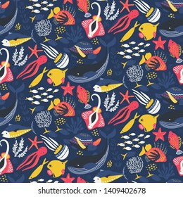 Vector seamless pattern with fish and sea animals. Jellyfish, octopus, whale, turtle, star, crab. Marine life, underwater world, modern design for wrapping textile print
