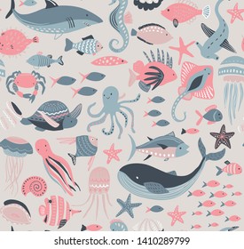 Vector seamless pattern with fish and sea animals. jellyfish, seahorse, whale, turtle, octopus, crab. Marine life, underwater world, modern design for wrapping textile print