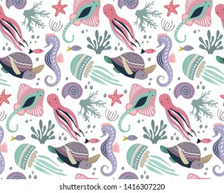 Vector seamless pattern with fish and sea animals. Jellyfish, seahorse, turtle, octopus, stingray. Marine life, underwater world, modern design for wrapping textile print