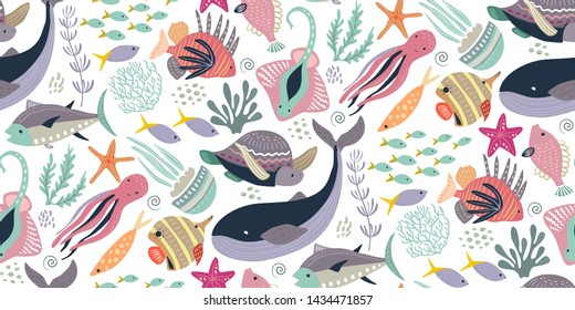 Vector seamless pattern with fish and sea animals. Jellyfish, octopus, whale, turtle, star, crab. Marine life, underwater world, modern design for wrapping textile print